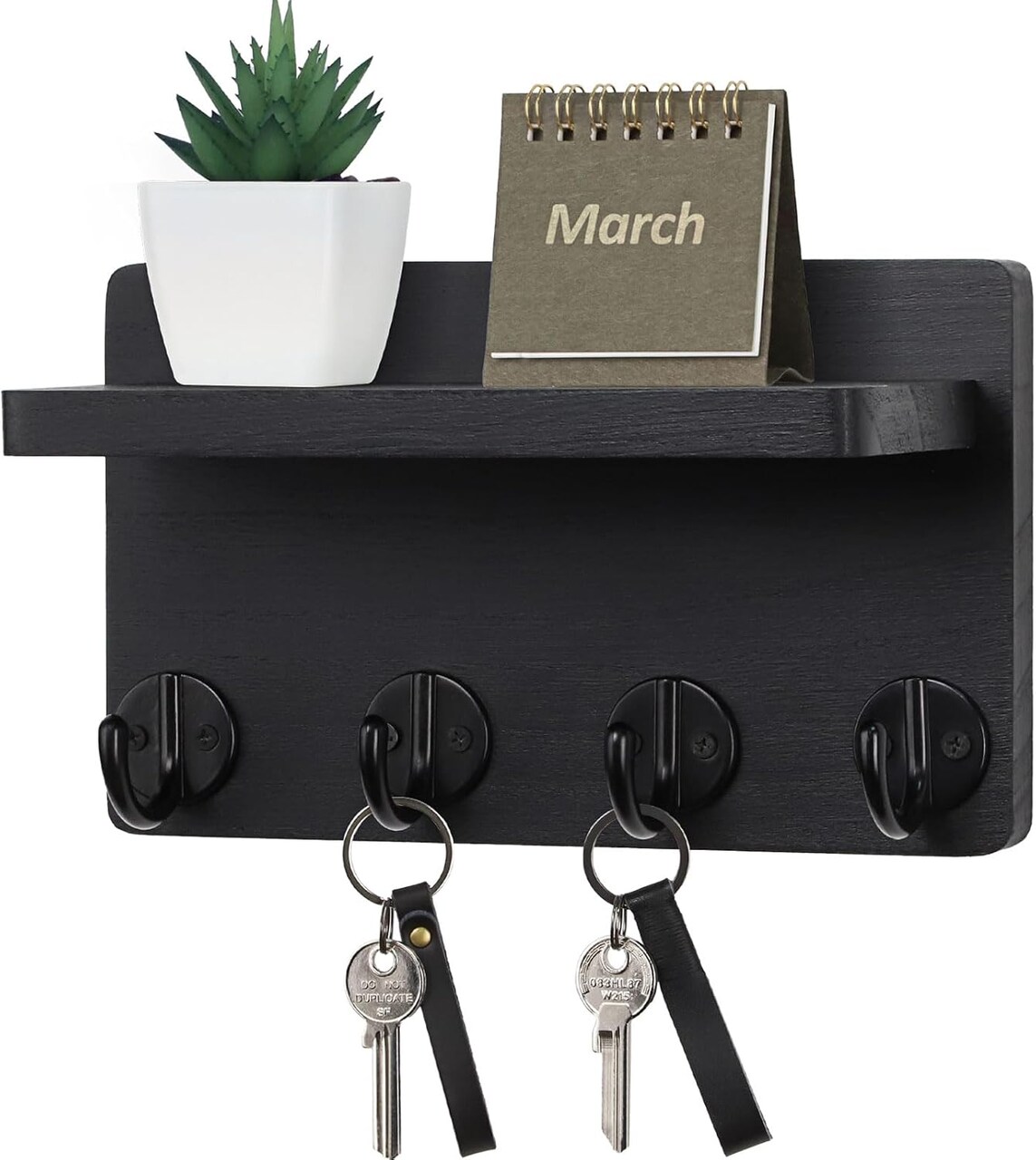 Key Holder Wall Mount, 8.5 Inch Small Home Decor Wooden Wall Organizer with 4 Hooks and Shelf, Wall Decor for Living Room Entryway Kitchen (Black)